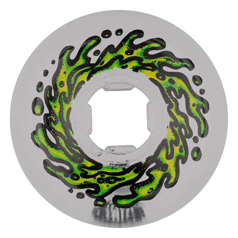 Skateboard wheel with green and black flame design on a white background