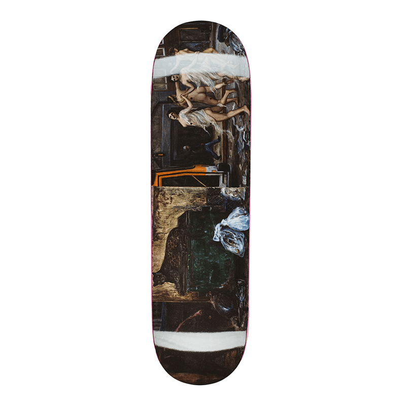 Skateboard deck with artistic design on a white background