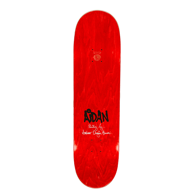 Red skateboard deck with black text on a white background