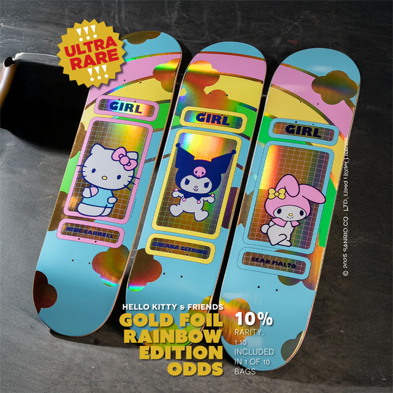 Three colorful skateboard decks with Hello Kitty and friends design on a dark background