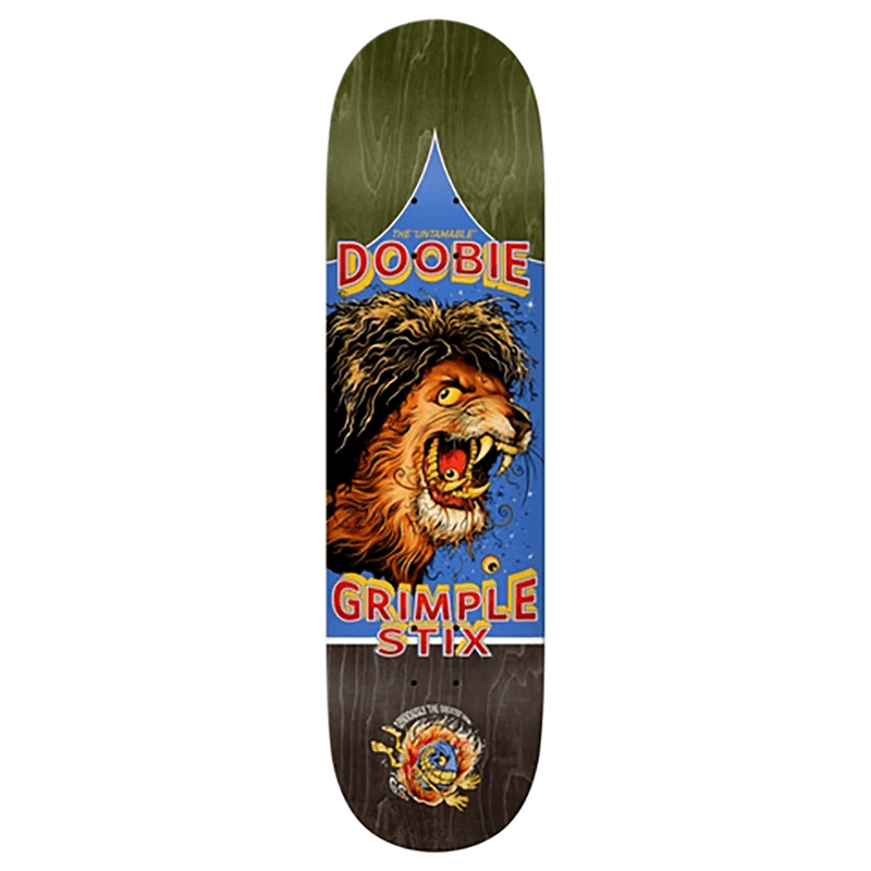 Skateboard deck with a lion graphic and 'Doobie' branding on a white background