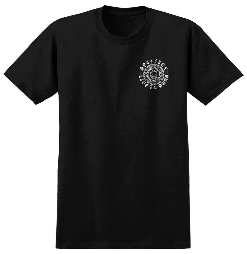 Black t-shirt with a white graphic design on a white background