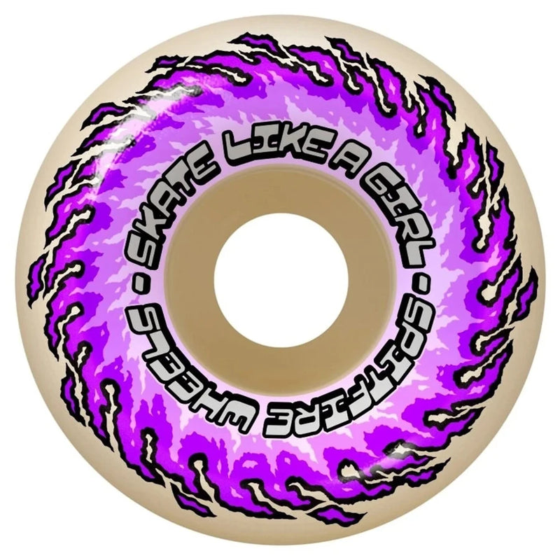 Skateboard wheel with purple and pink flame design and ' skate like a girl' text on beige background