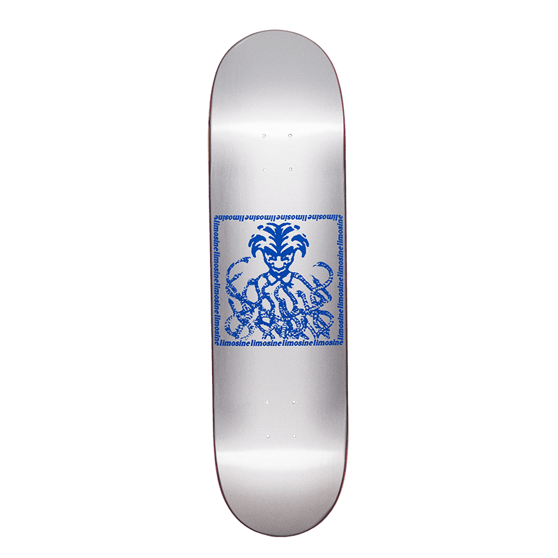 Skateboard deck with blue graphic design on a white background
