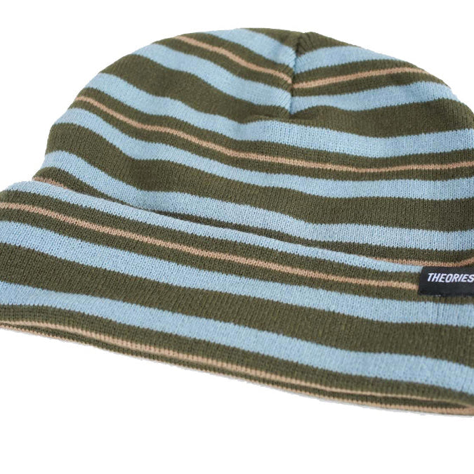 Striped beanie with blue and brown stripes on a white background