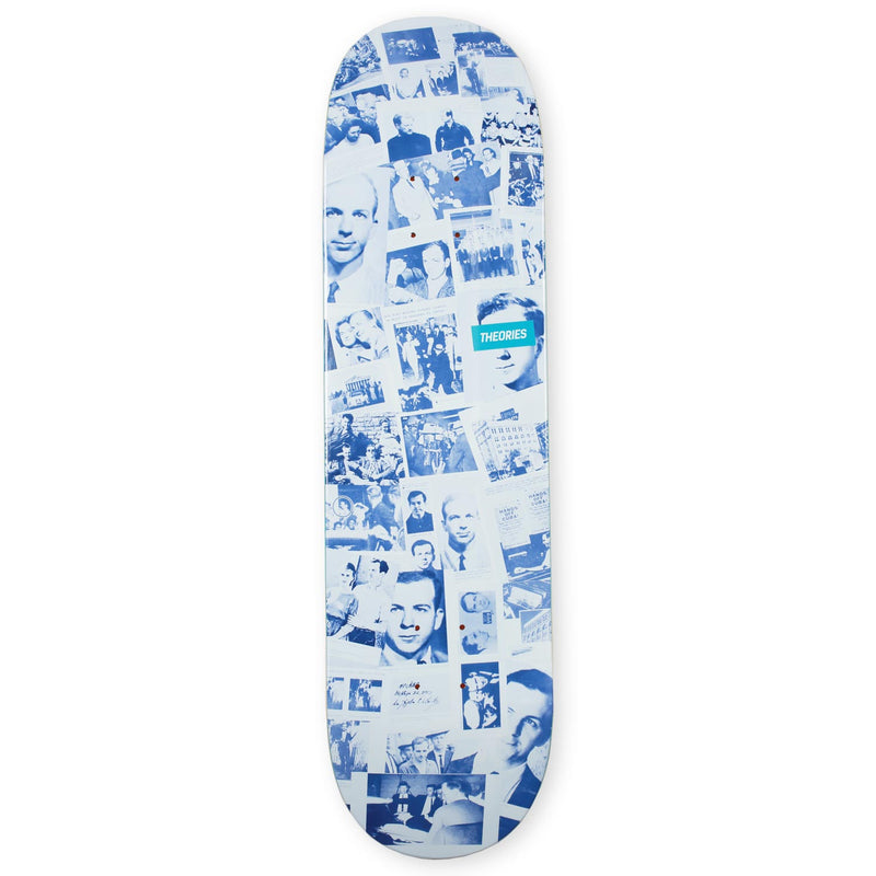 Skateboard deck with collage of images and brand logo on a white background