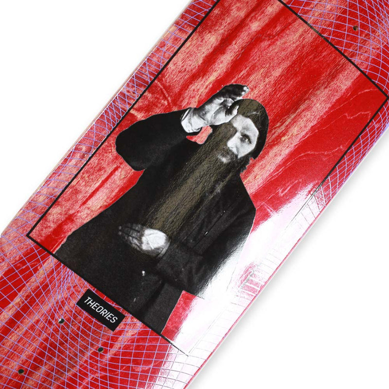 Skateboard deck with a graphic of a person and 'Theories' branding on a red and black background.