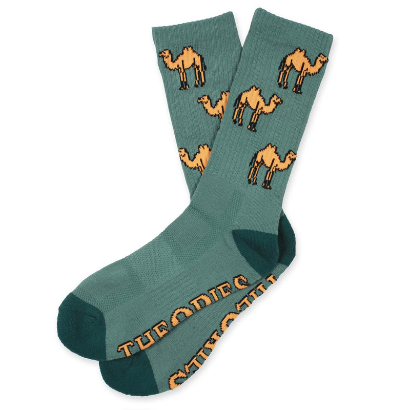 Green socks with camel pattern on a white background
