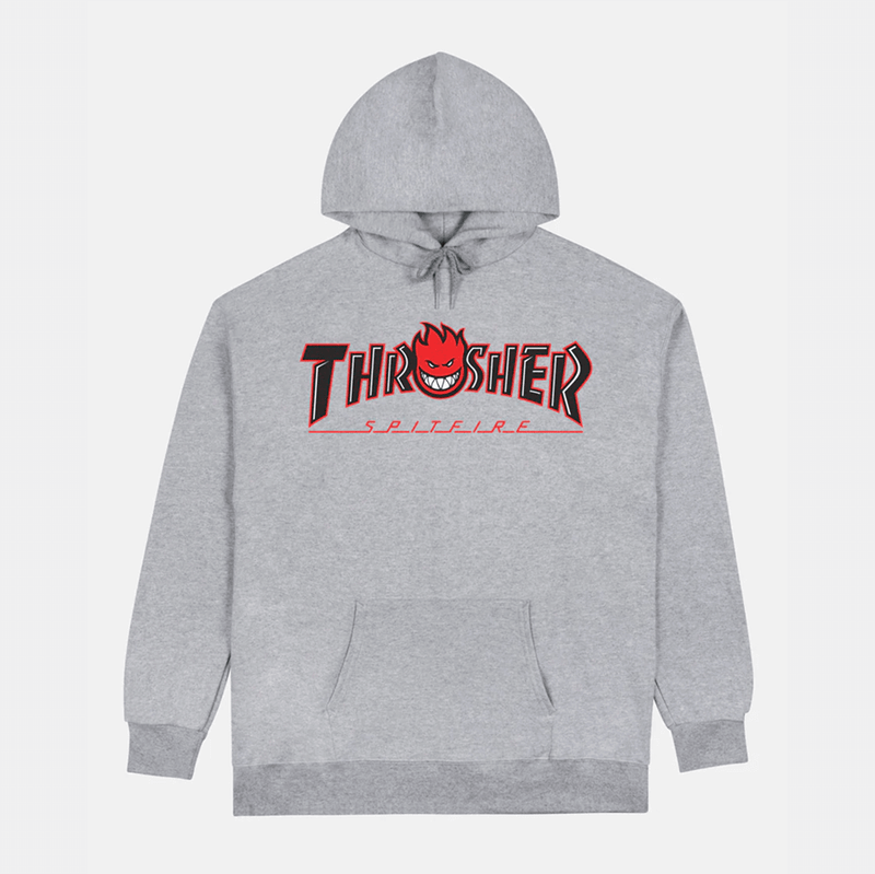 Gray hoodie with Thrasher logo on a white background