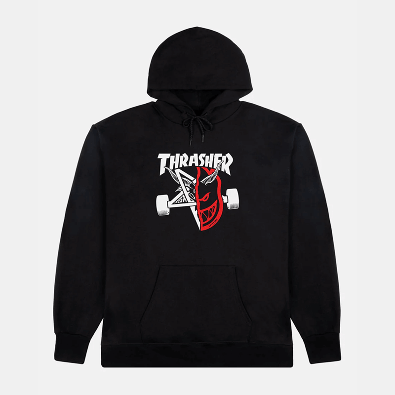 Black hoodie with a graphic design on a light gray background