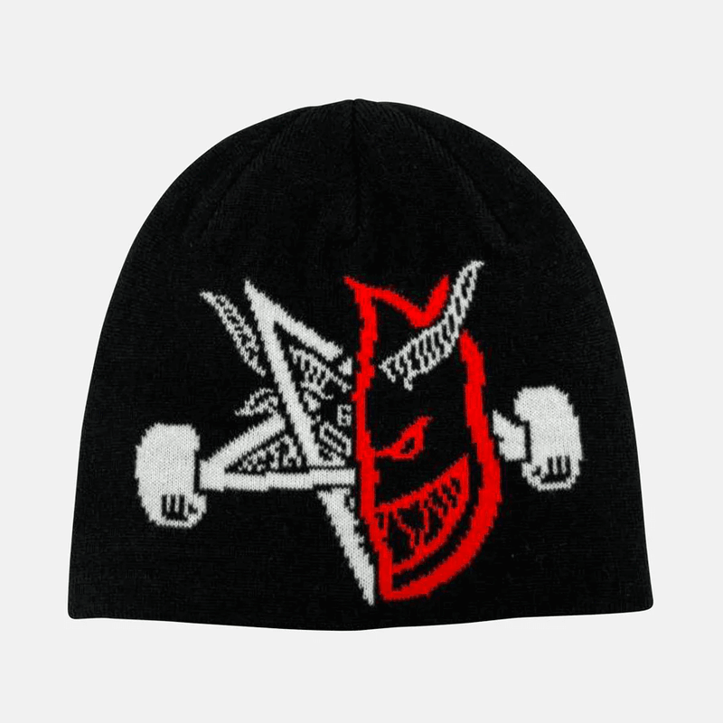 Black beanie with a red and white design on a light gray background
