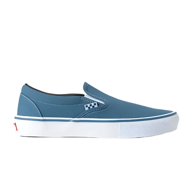 Blue slip-on sneaker with white sole on a light gray background