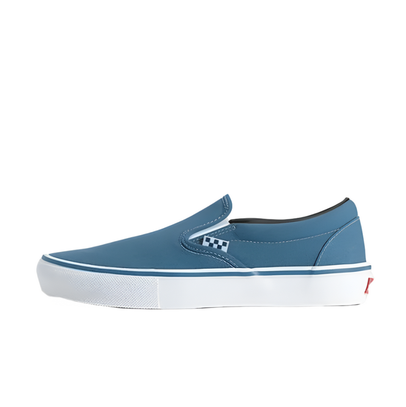 Blue slip-on sneaker with white sole on a light gray background