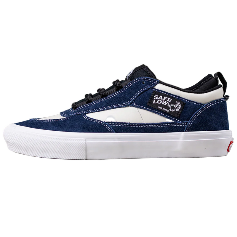 Blue and white sneaker with a visible brand logo on a gray background