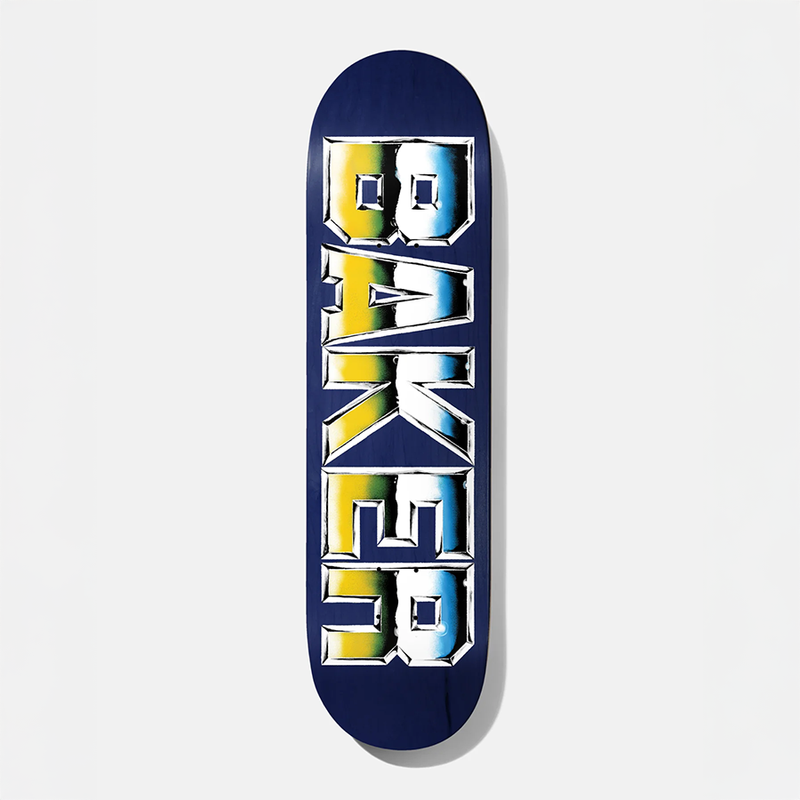 Skateboard deck with colorful text design on a white background
