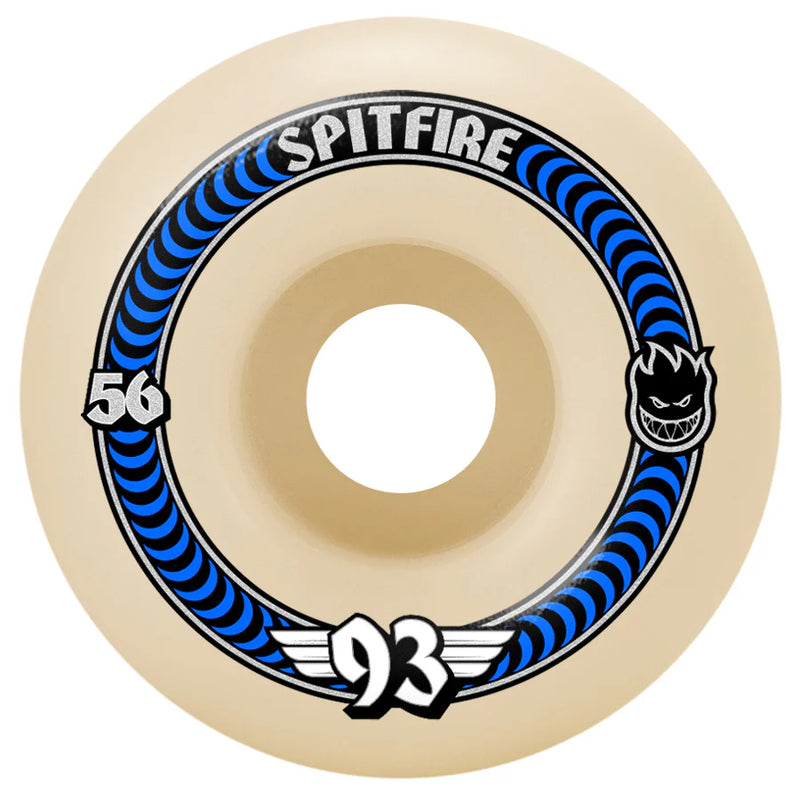 Spitfire skateboard wheel with blue and black design on a beige background