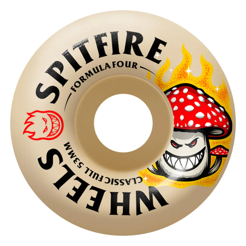 Spitfire skateboard wheel with mushroom and flame design on a beige background